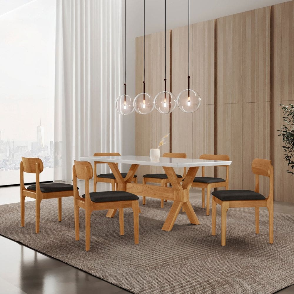 Conjunto de Mesa de Jantar Bellini Tampo 180cm Laqueado Canto Moeda 6 Cadeiras Bellini Linho Preto / Imbuia Natural / Cinamomo Imbuia/ La