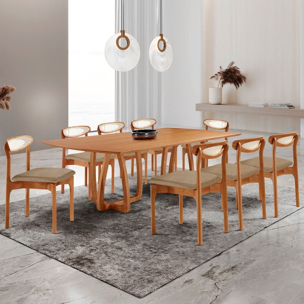 Conjunto Mesa de Jantar Tampo 240cm Barril Laminado Ello e 8 Cadeiras Mônaco Premium Cinamomo/Turim