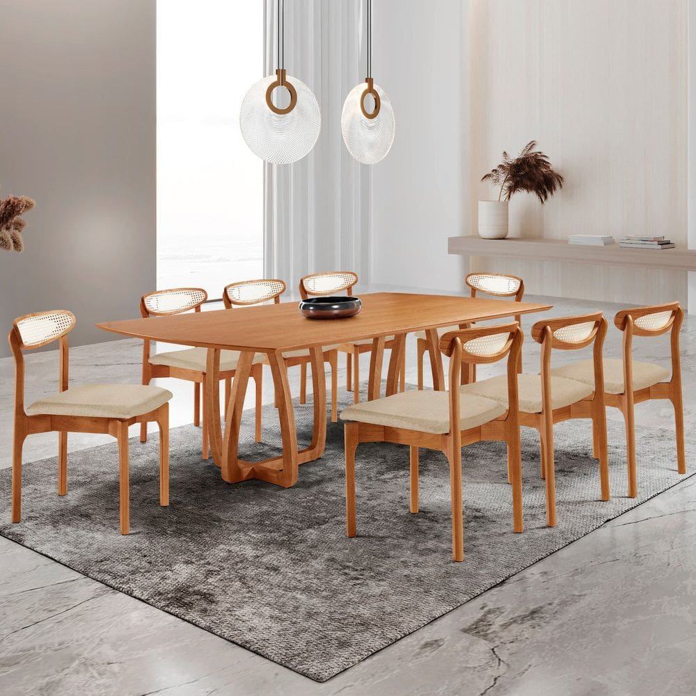 Conjunto de Mesa de Jantar Ello Tampo 240cm Barril Laminado e 8 Cadeiras Mônaco Premium Linho Off/ Imbuia Natural / Cinamomo Imbuia