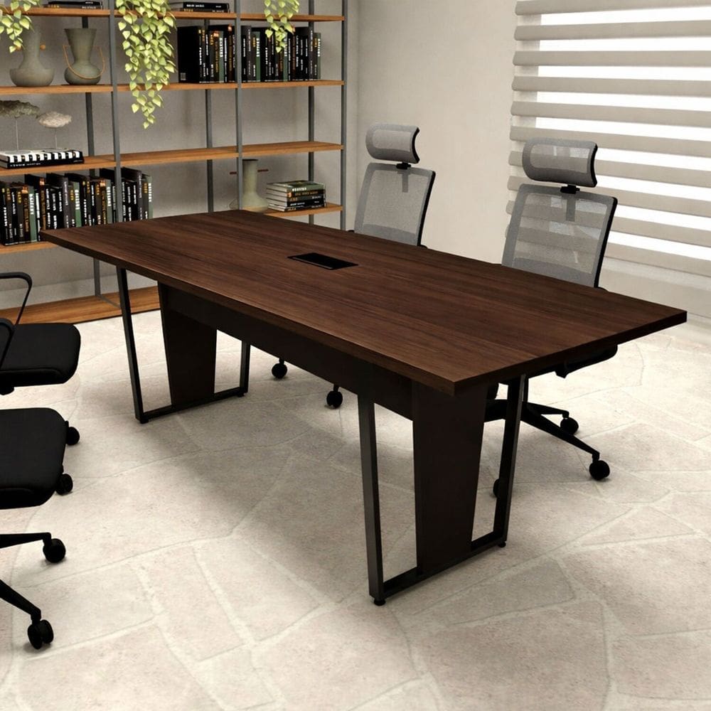 Mesa de Reunião Escritório 2,00m X 0,90m com 1 Caixa de Tomadas Pés Metal F5 Corporate Marsala com Preto