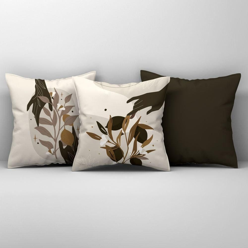 Kit Trio Capas De Almofadas Estampadas Folhas Em Veludo Suede 45cm X 45cm - Decoração Luxo Para Sala Cor Tabaco