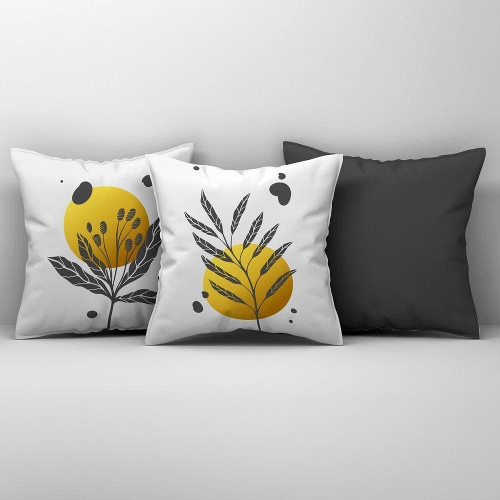 Kit Trio Capas De Almofadas Estampadas Folhas Em Veludo Suede 45cm X 45cm - Decoração Luxo Para Sala Cor Chumbo