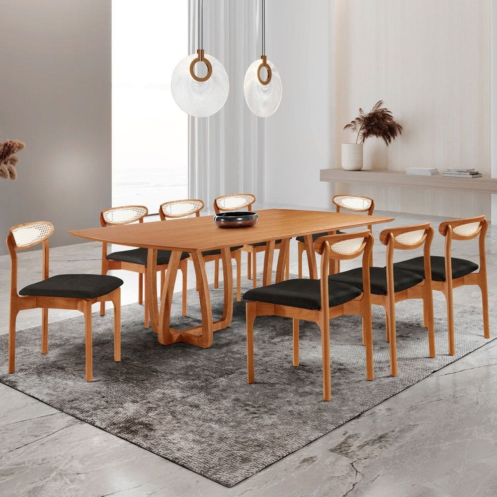 Conjunto de Mesa de Jantar Ello Tampo 240cm Barril Laminado e 8 Cadeiras Mônaco Premium Linho Preto / Imbuia Natural / Cinamomo Imbuia