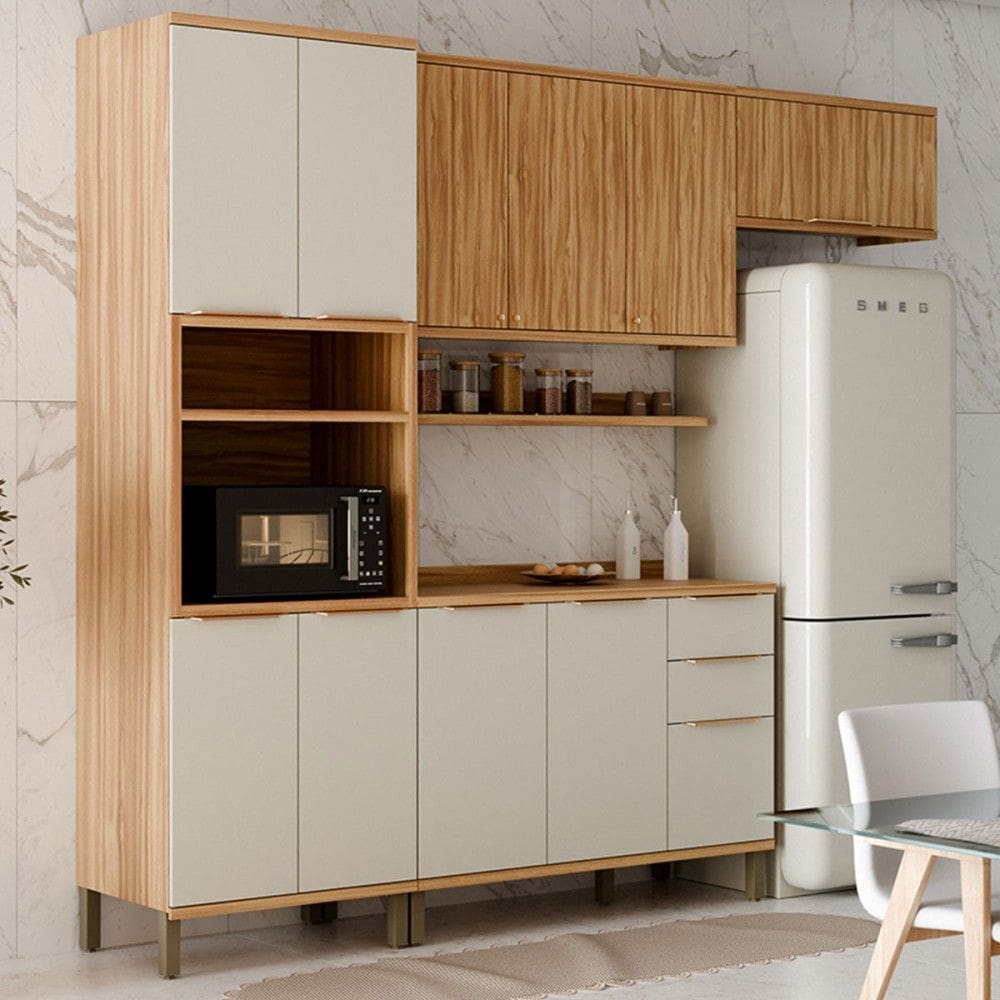 Armário de Cozinha com Balcão e Tampo 10 Portas 3 Gavetas Nice 100% Mdf Off White/Amêndoa - Pnr Móveis