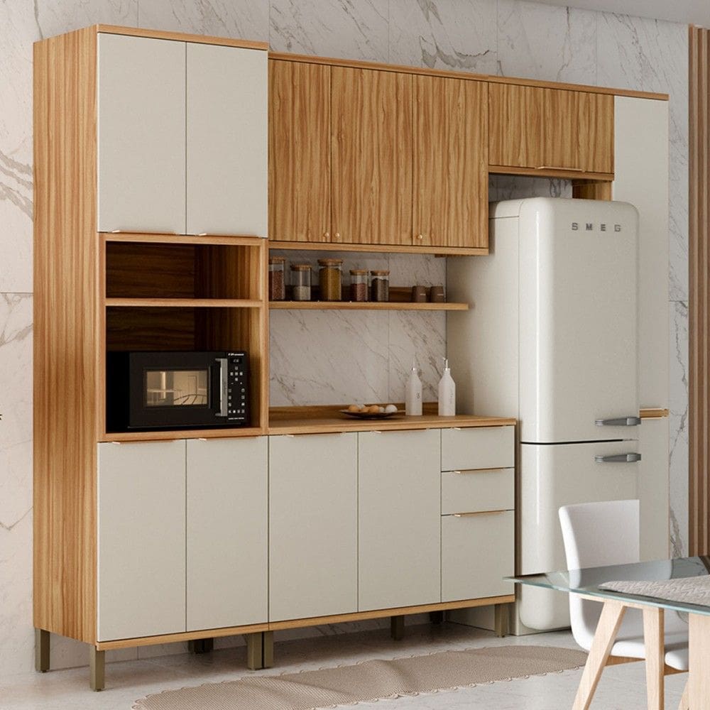 Armário de Cozinha com Balcão e Tampo 12 Portas 3 Gavetas Nice Canelado 100% Mdf Amêndoa/Off White - Pnr Móveis