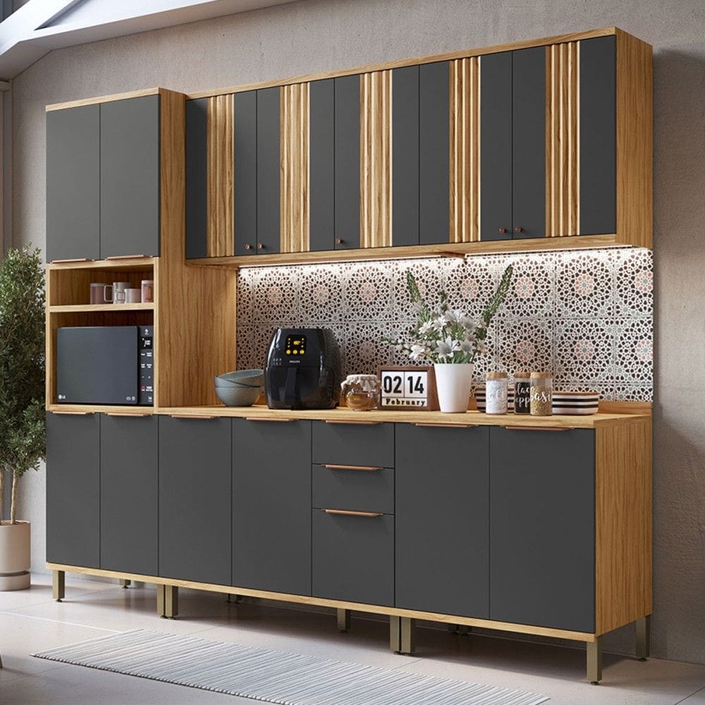 Armário de Cozinha com Balcão e Tampo 13 Portas 3 Gavetas Nice Canelado 100% Mdf Amêndoa/Cinza - Pnr Móveis