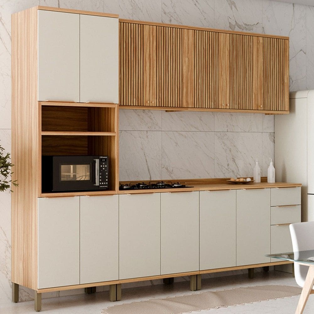 Armário de Cozinha com Balcão e Tampo 13 Portas 3 Gavetas Nice Fresado 100% Mdf Amêndoa/Off White - Pnr Móveis