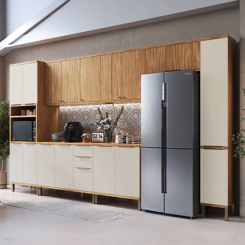 Armário de Cozinha com Balcão e Tampo 16 Portas 3 Gavetas Nice Plus 100% Mdf Amêndoa/Off White - Pnr Móveis