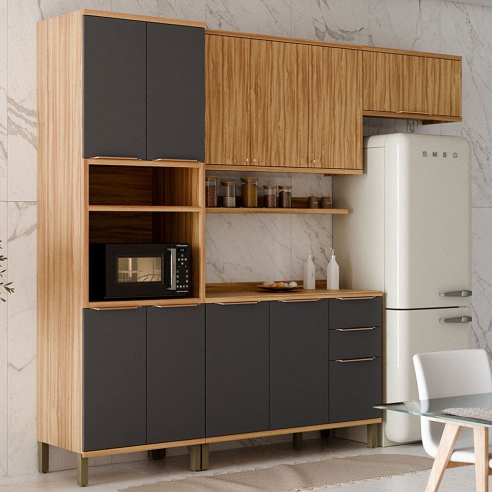 Armário de Cozinha Modulada com Balcão e Tampo 10 Portas 3 Gavetas Nice Fresado 100% Mdf Amêndoa/Cinza - Pnr Móveis