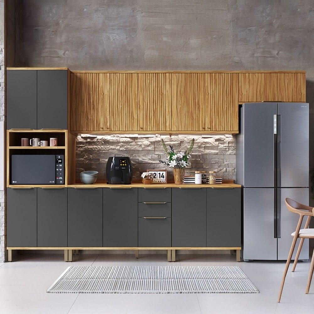 Armário de Cozinha Modulada com Balcão e Tampo 14 Portas 3 Gavetas Nice Fresado 100% Mdf Amêndoa/Cinza - Pnr Móveis