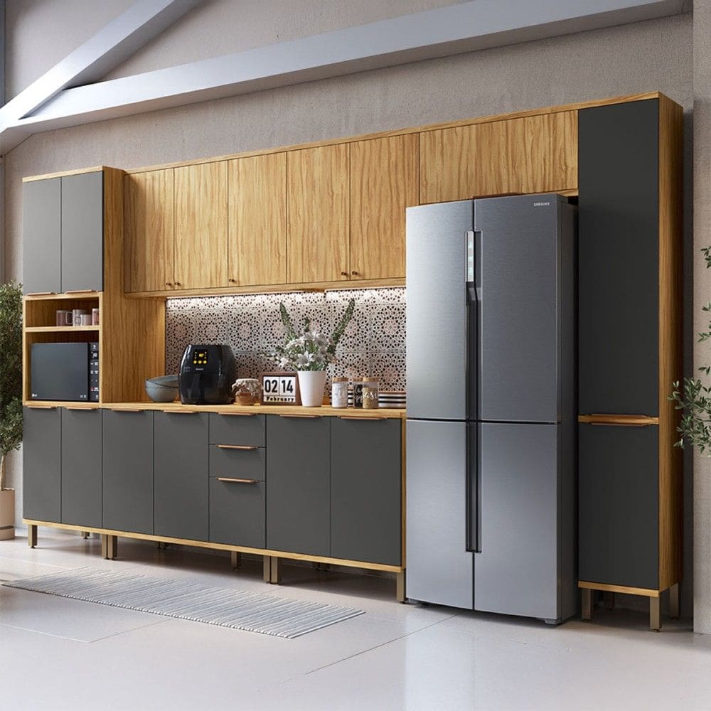 Armário de Cozinha Modulada com Balcão e Tampo 16 Portas 3 Gavetas Nice Plus 100% Mdf Amêndoa/Cinza - Pnr Móveis