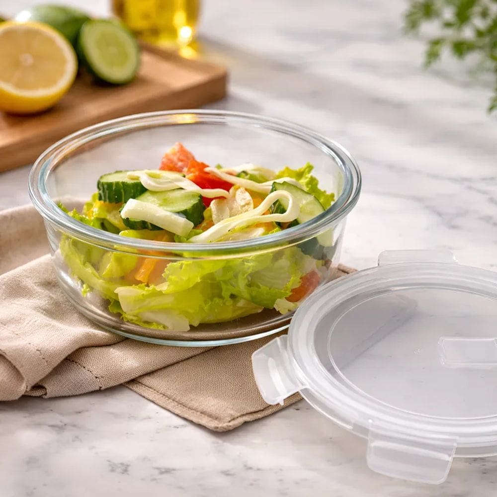 Pote Vidro Redondo 980ml Tampa Hermética com válvula de vapor Vedação Silicone Livre Bpa Borossilicato Transparente P/ Freezer e Microondas