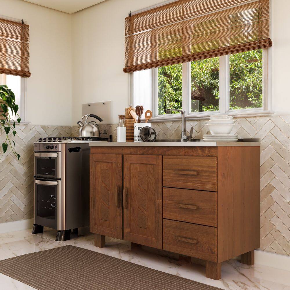 Balcão de Pia 120cm Madeira Maciça 1241C Cobre 2 Portas com Aplique e 3 Gavetas Castanho Finestra