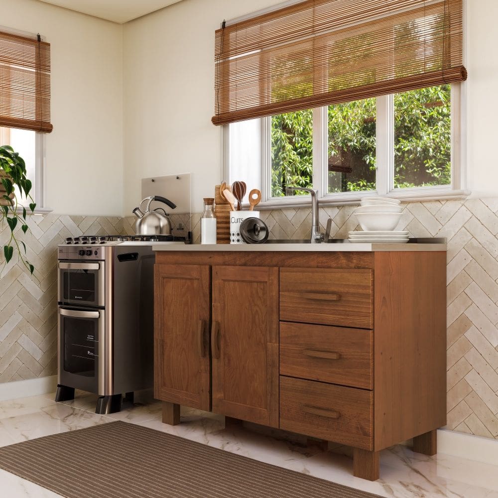 Balcão de Pia 120cm Madeira Maciça Rústico 1291C Cobre 2 Portas e 3 Gavetas Castanho Finestra