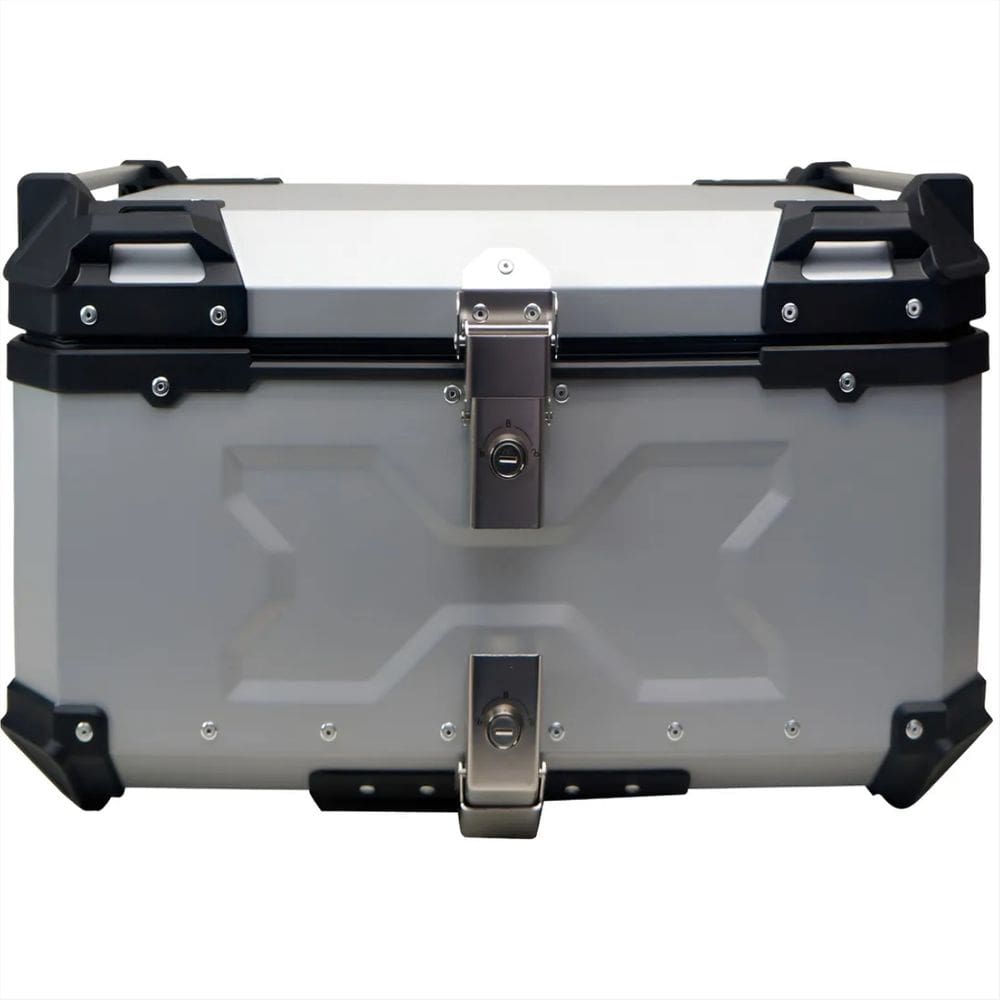 Baú de Moto Traseiro Tronos 65L-T-X em Alumínio - Base Universal - 65 Litros - Forro em Couro Sintético - Prata