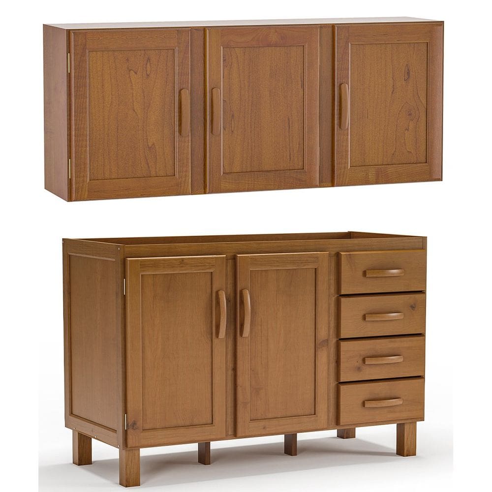 Kit Balcão e Armário Aéreo 120 cm 100% Madeira Maciça Frida