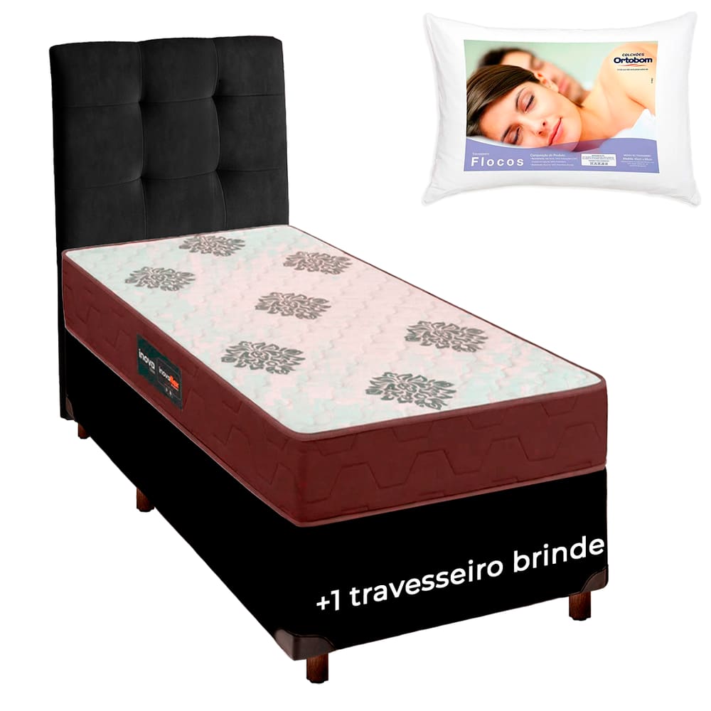 Conjunto Cama Box + Cabeceira + Colchão Solteiro D45 + Travesseiro Ortobom