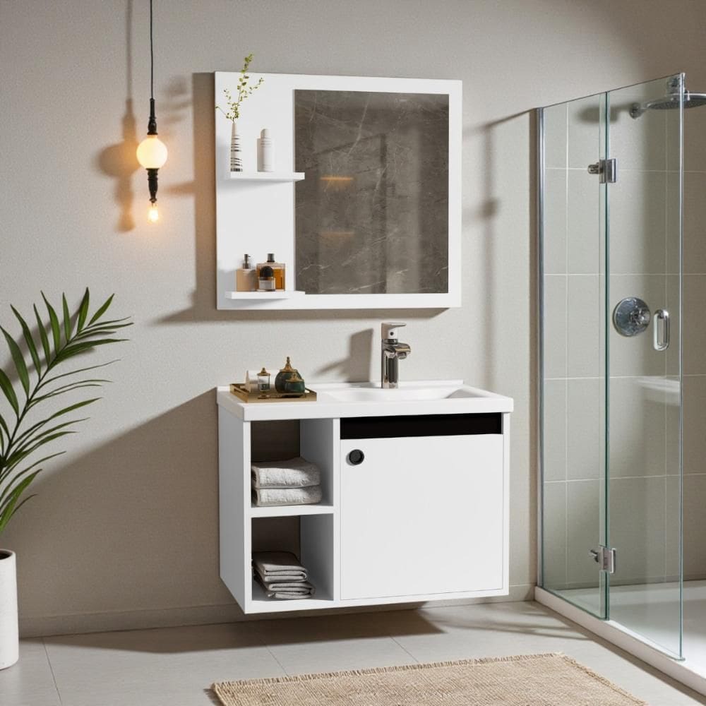 Gabinete Com Cuba E Espelho Banheiro Branco Preto