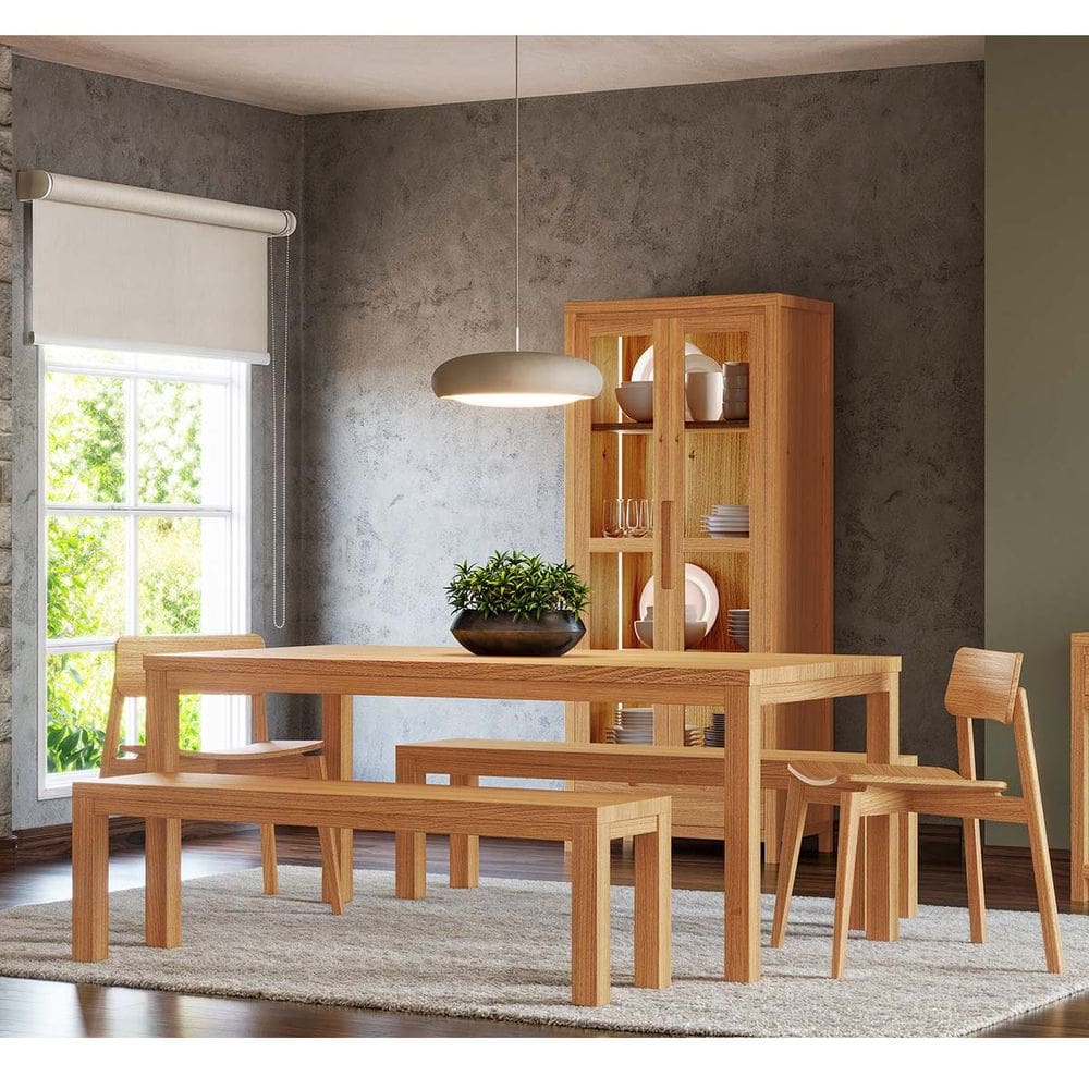 Conjunto Sala Jantar Nature: Cristaleira, Mesa, Banco e Cadeiras Rústico Claro Madeira Pinus