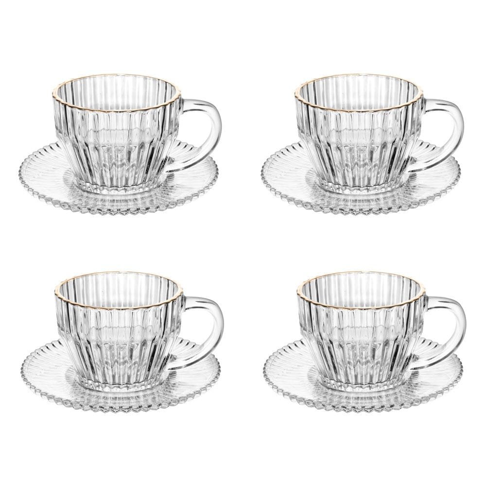 Cj 4 Xícaras P/Chá C/Pires de Cristal Canelado e Fio de Ouro Imperatriz 220ml Wolff