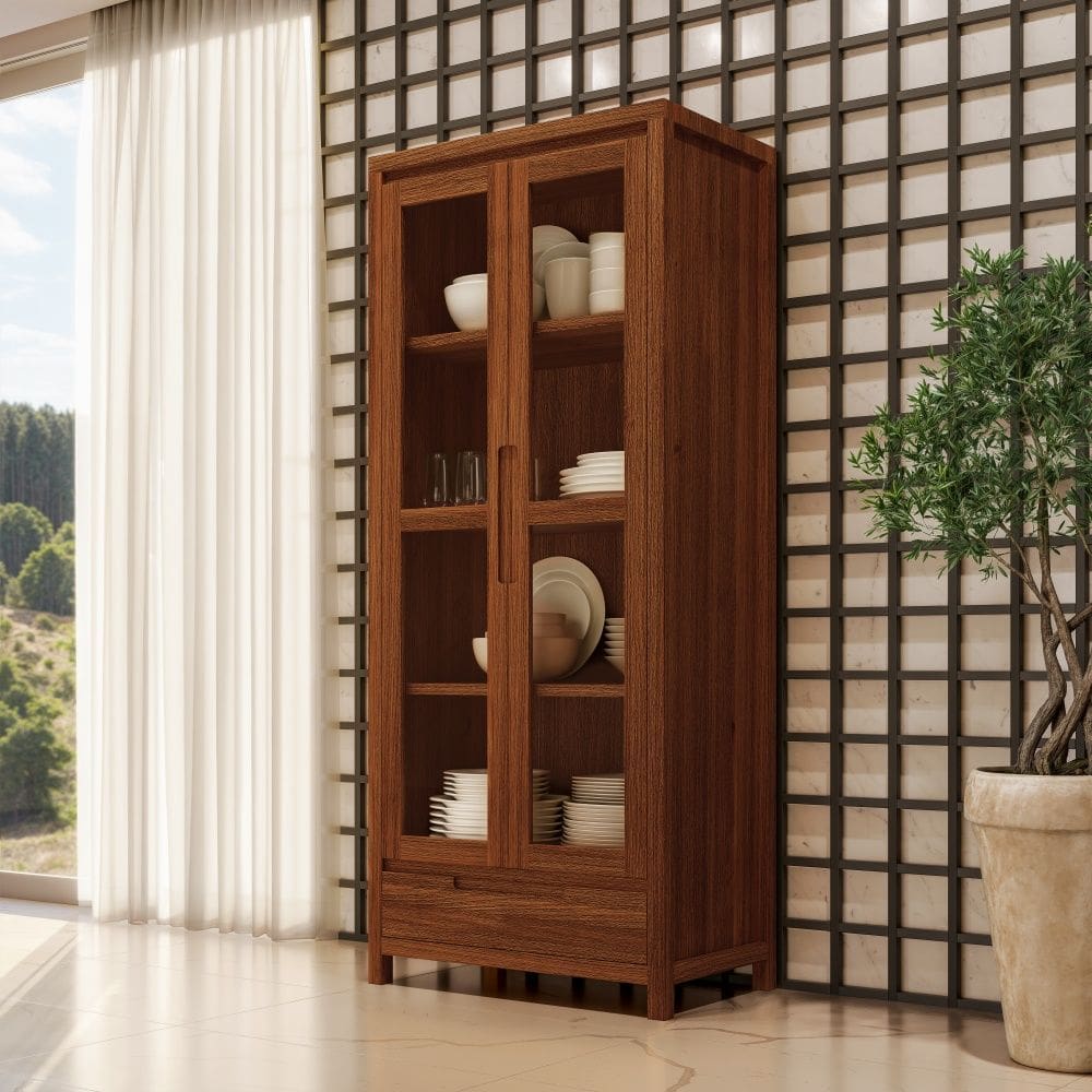 Cristaleira Madeira Maciça 1554NE Nature 2 Portas de Vidro e LED Interno Rústico Escuro Finestra