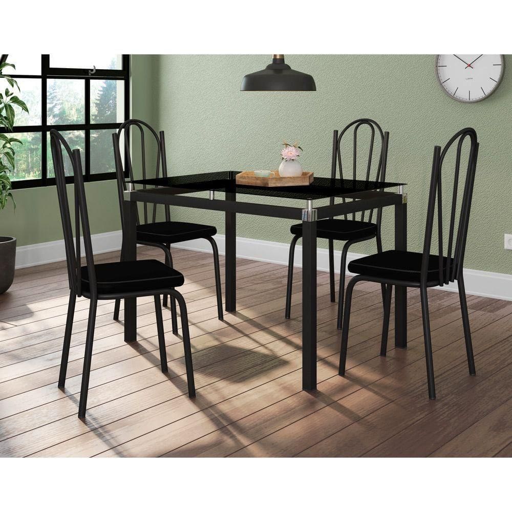 Conjunto Mesa de Jantar Malva 4118 4 Lugares Vidro Preto 107CM