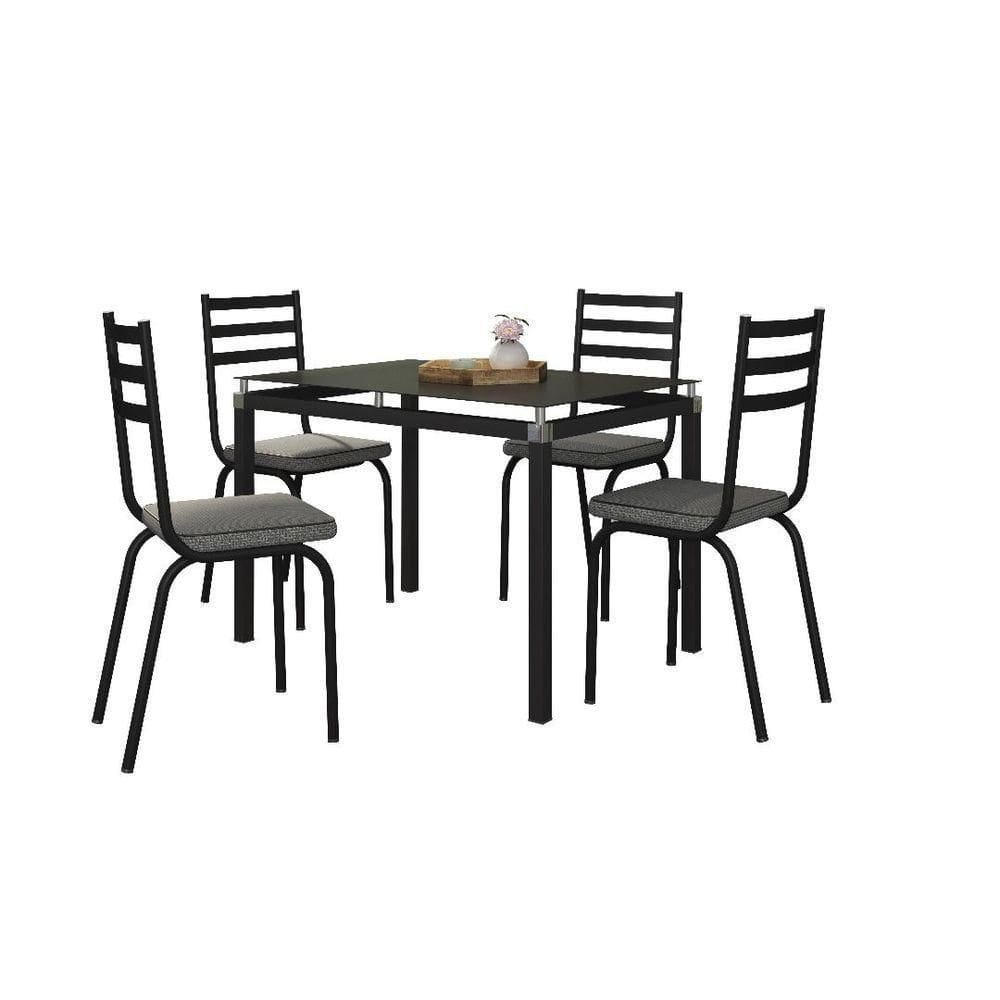 Conjunto Mesa de Jantar Malva 4 Lugares Tampo de Vidro Preto 107CM