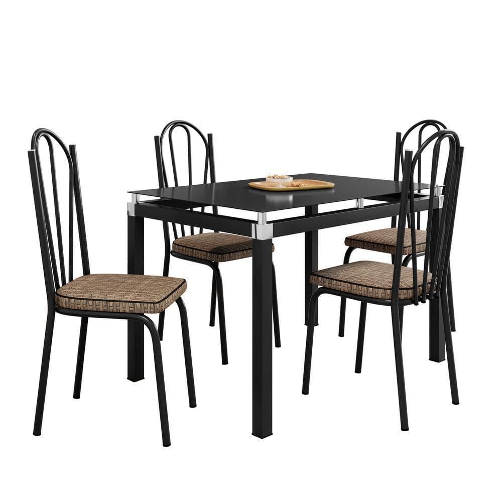 Kit Conjunto Mesa de Jantar Malva Base 4118 4 Lugares Tampo Vidro com Assento Rattan Preto