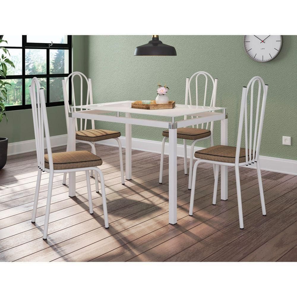 Kit Conjunto Mesa de Jantar Malva Base 4118 4 Lugares Tampo Vidro Assento Rattan Branco 107CM