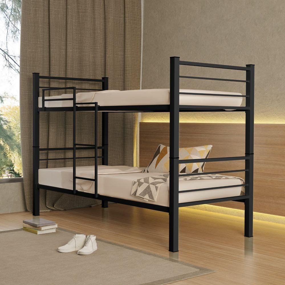 Beliche Solteiro Cristal Vira 2 Camas com Grade de Proteção e Escada Preto