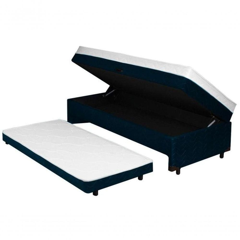 Bicama com Baú Solteiro Bibox com Cama Auxiliar Espuma de 5CM Madeira Azul para Organização