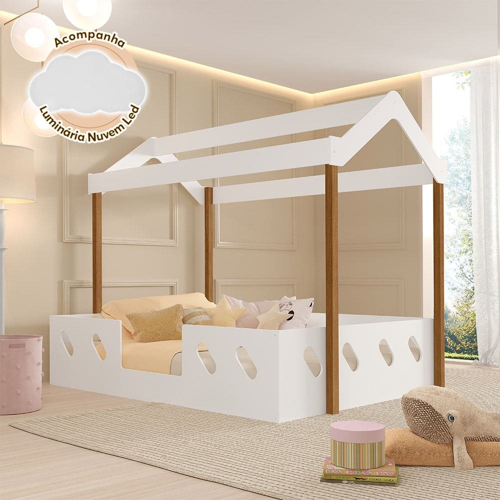 Cama Casinha Montessoriana Isa em Mdf + Luminária Nuvem Led Parede Quarto Infantil Top - Branco