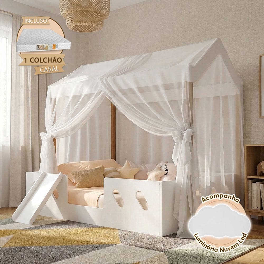 Cama Casinha Montessoriana Isa em Mdf + Led + Voal + Escorregador + Colchão Casal Kids - Branco