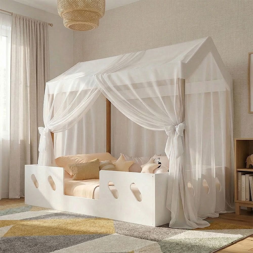 Cama Casinha Montessoriana Isa em Mdf + Voal Mosquiteiro e Dossel para Quarto Infantil - Branco