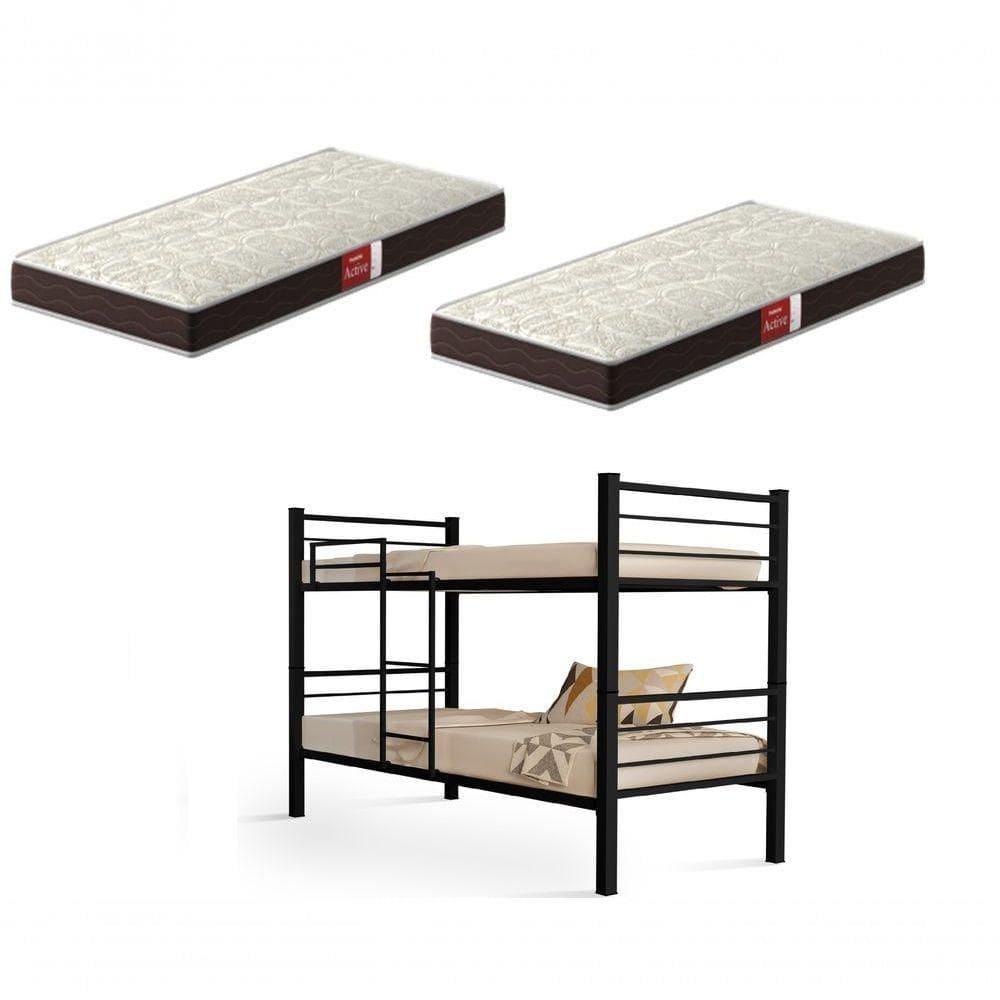 Beliche Solteiro Cristal com Grade de Proteção, Escada e 2 Colchões D23 em Aço Preto