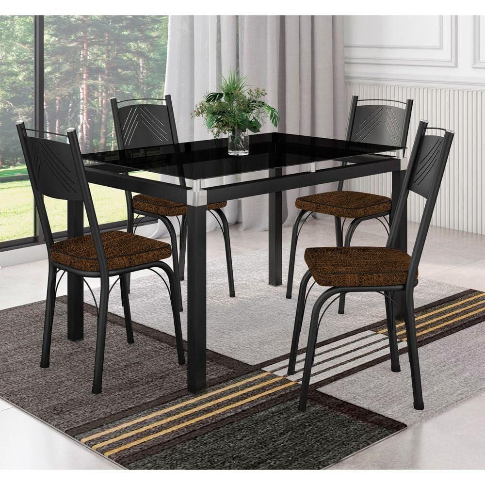 Conjunto Mesa de Jantar Malva Base 4118 4 Lugares Tampo Vidro Preto Imbuia 107CM