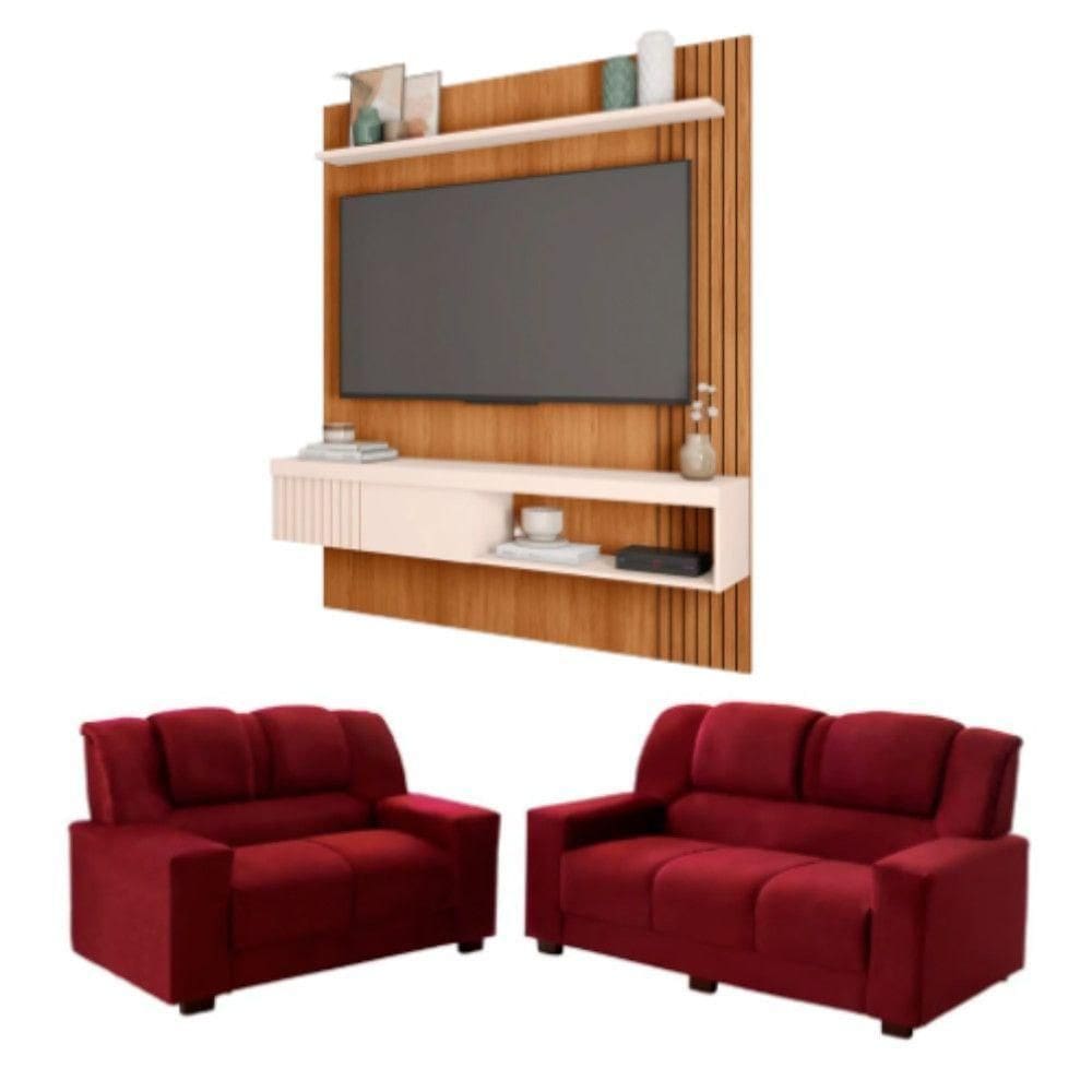 Kit Sofás Sandero Com Painel Esmeralda 55 Caemmun Vermelho/freijo/off White