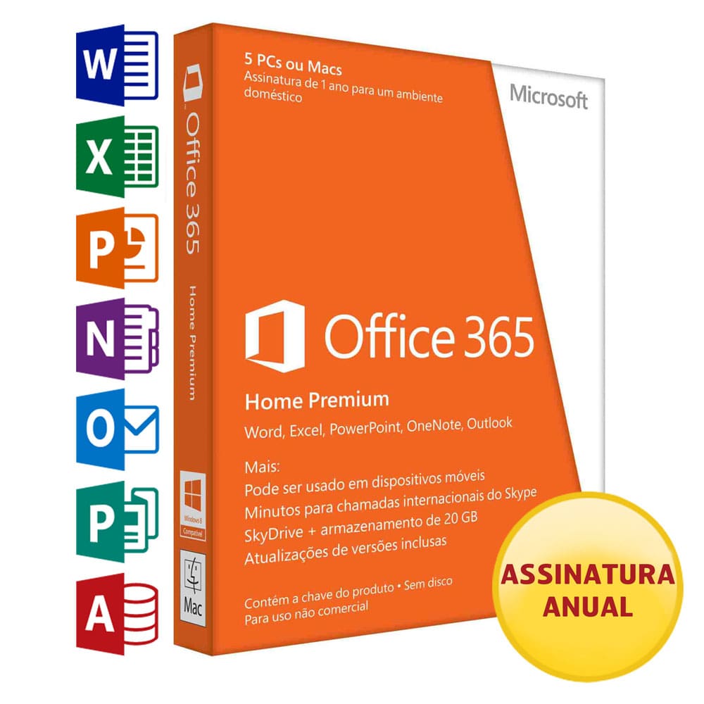 Microsoft Office 365 Home Premium - Word, Excel, PowerPoint, OneNote, Outlook, Publisher e Access - Assinatura Anual - Instale em até 5 PC’s ou Mac’s