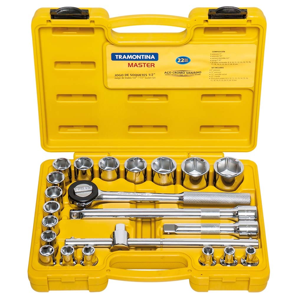 Jogo de Soquetes Sextavados Tramontina 1/2” com Acessórios + Maleta
