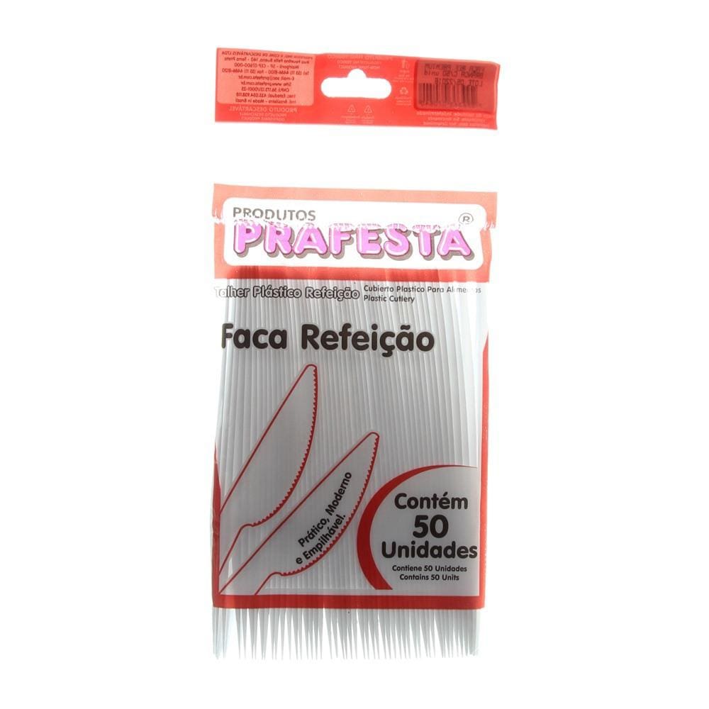 Faca de Plástico Descartável para Refeição Branca com 50 Unidades Prafesta