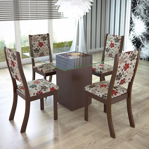 Conjunto Sala de Jantar Mesa Tampo de Vidro e 4 Cadeiras Espresso Móveis Choco/Passion Menor preço em Conjunto Sala de Jantar Mesa Tampo de Vidro e 4 Cadeiras Espresso Móveis Choco/Passion
