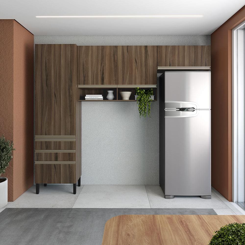 Cozinha Compacta Bartira Jaspe com 4 Portas, 3 Gavetas e 5 Prateleiras - 260,4cm de largura - COZ COMPACTA 3PCS PAN/AR DUP/GEL BART JASPE NOGUEI