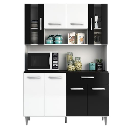 imagem-Cozinha Compacta Poliman Móveis Gabi com 8 Portas e 1 Gaveta - 120cm de largura - Branco/Preto