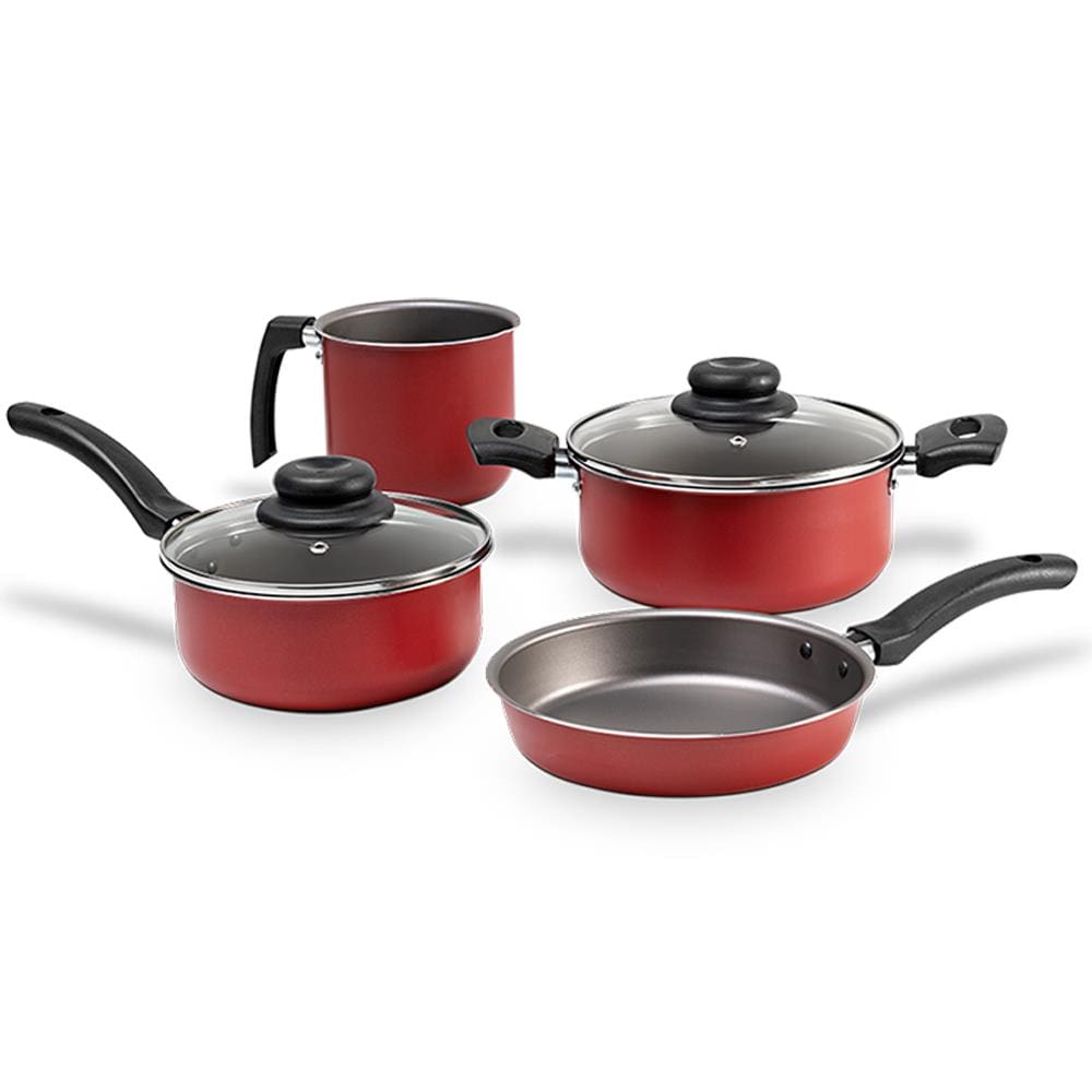 Conjunto de Panelas 4 Peças Brinox Ruby com Revestimento Interno Antiaderente Pro-Flon e Tampas de Vidro com Saída de Vapor - Vermelho