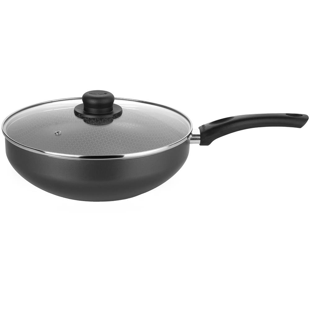 Frigideira Wok com Cabo Multiflon Gourmet em Alumínio com Revestimento Antiaderente e Tampa de Vidro com Saída de Vapor 28 cm - Grafite
