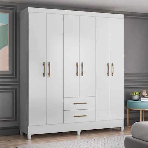 imagem-Guarda-Roupa Moval Panamá com 153 cm de Largura, 6 Portas e 2 Gavetas - Branco Alto Brilho