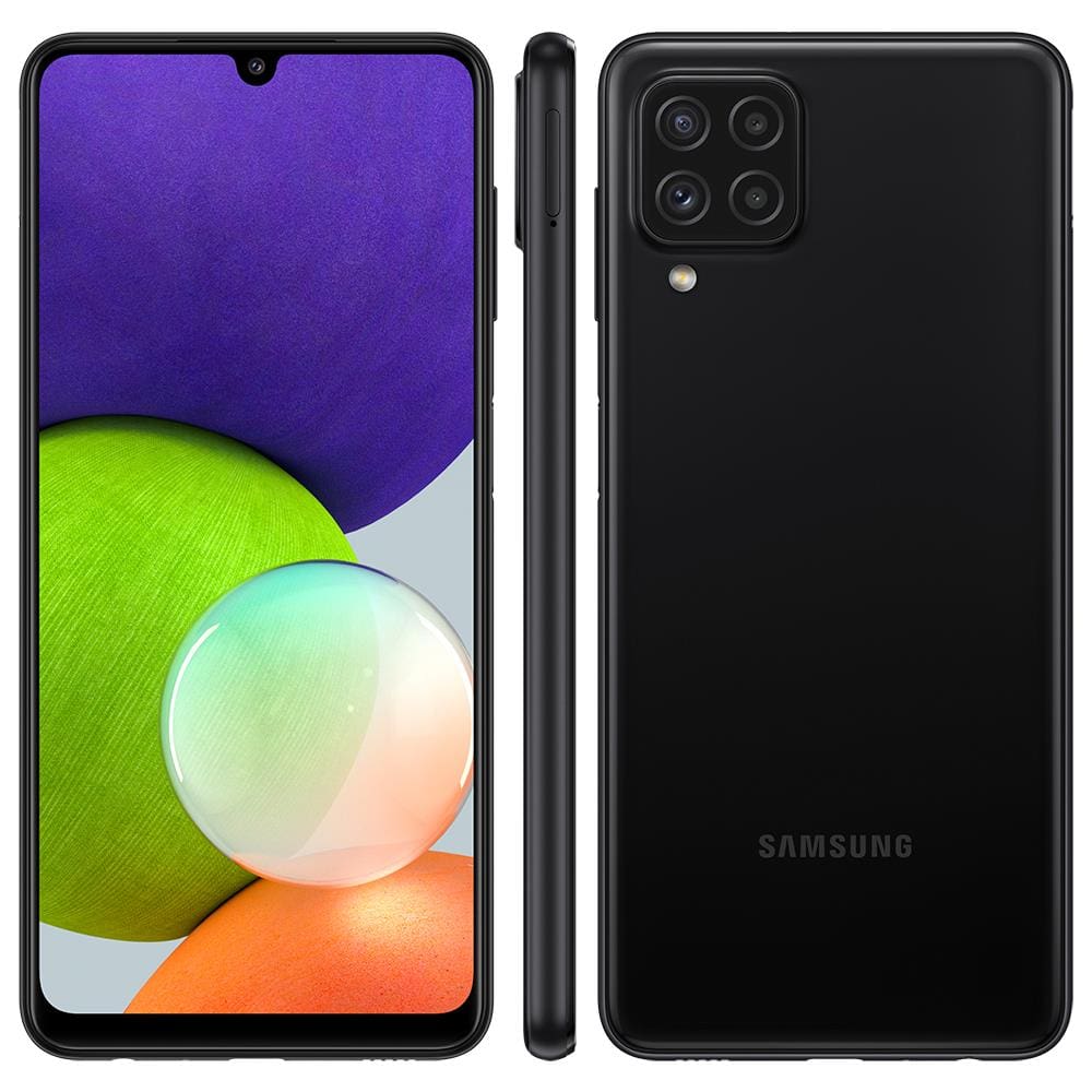 Smartphone Samsung Galaxy A22 Preto 128GB, 4GB RAM, Câmera Quádrupla Traseira, Tela Infinita de 6.4”, Bateria de 5000mAh, Dual Chip e Octa Core
