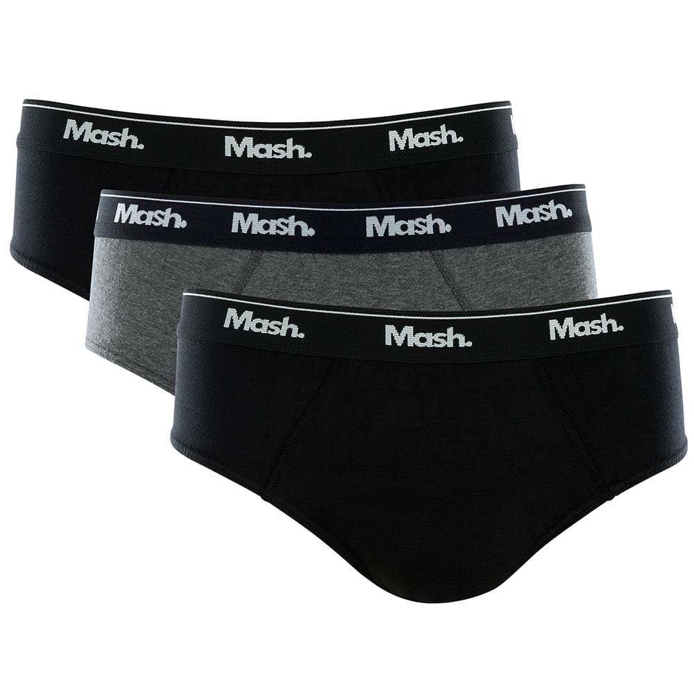 Kit Cueca Mash Slip de Algodão 3 Peças – Preto/Preto/ Cinza Escuro