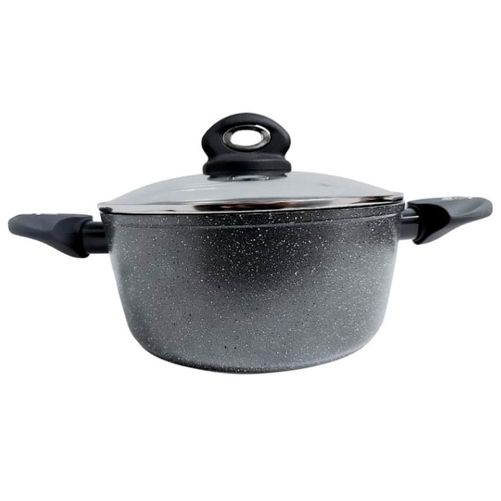 Caçarola Bergner Orion em Alumínio Forjado com Revestimento em Marble, Fundo de Indução e Tampa de Vidro Cinza - 24 cm