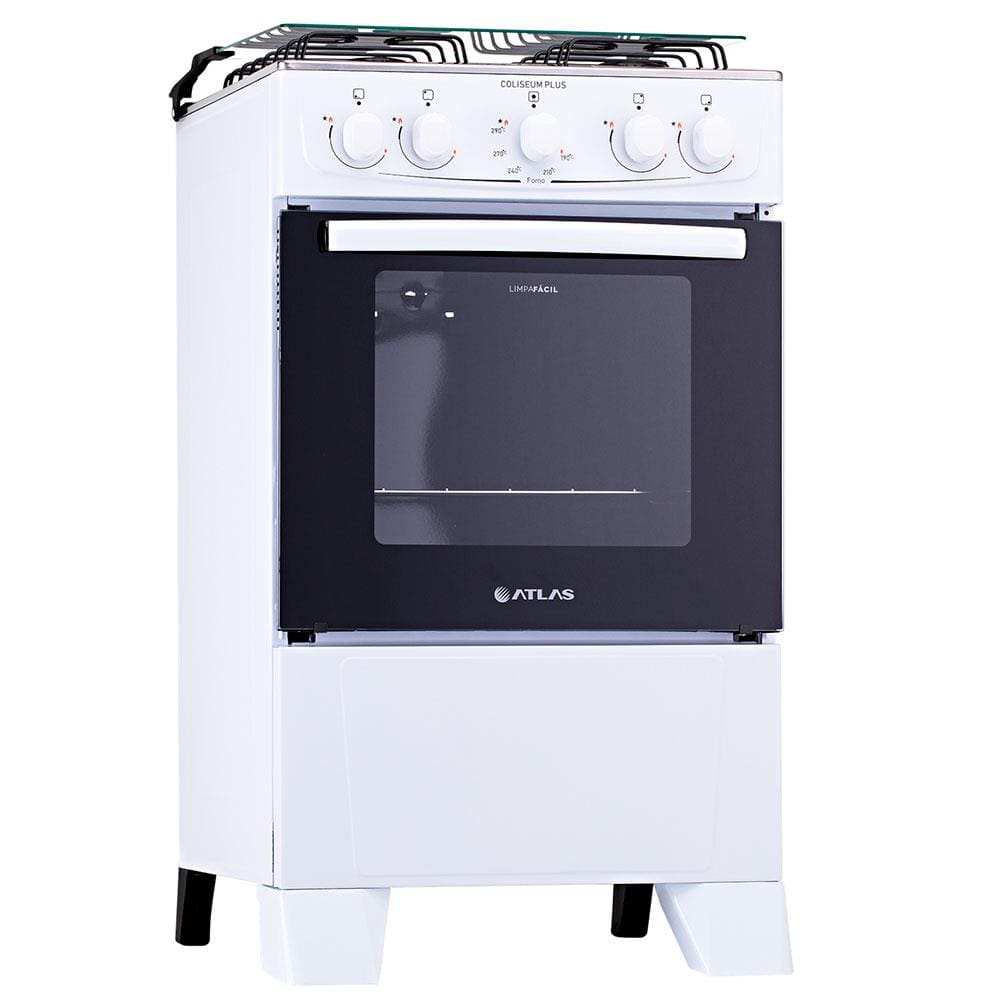 Fogão Atlas 4 Bocas Coliseum Plus com Mesa de Inox, Forno com Amplo Visor e Acendimento Manual – Branco